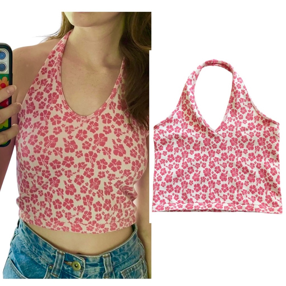 Forever 21 Floral Pink Ribbed Halter Top M/L Stretch Summer Beach Cottag…